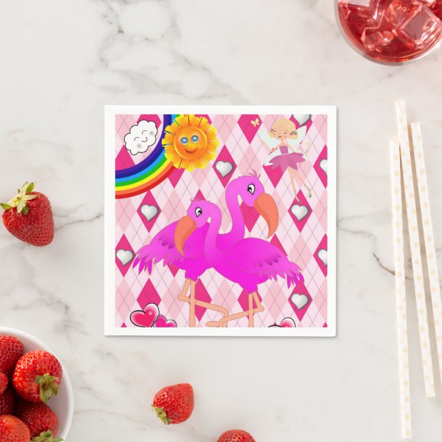 Paper Napkins, Fairy Flamingos Rainbow Sun Napkin (Insitu)