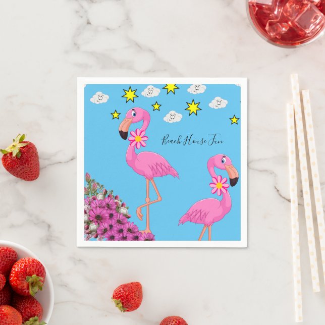 Paper Napkins, Floral Clouds pink Flamingos Napkin (Insitu)