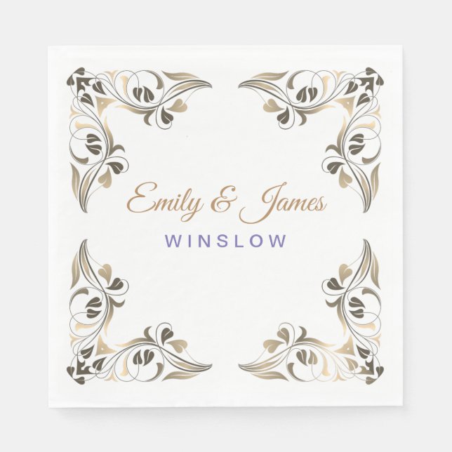 Paper Napkins-Golden Fancy Leaf Borders Napkin (Front)