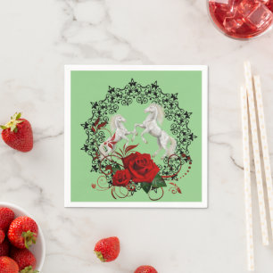 Paper Napkins, Green Floral Red Rose White Horse Napkin