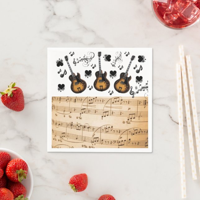 Paper Napkins, Guitar Music Notes Black Hearts Napkin (Insitu)