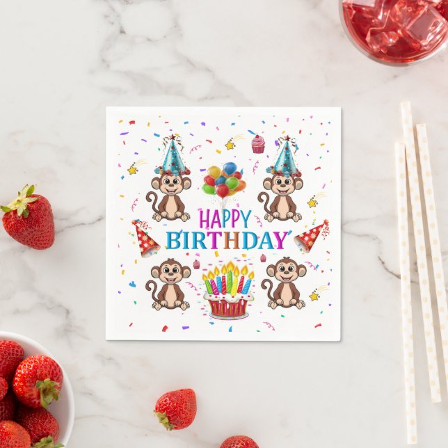 Paper Napkins, Happy Birthday Confetti Monkey Cake Napkin (Insitu)