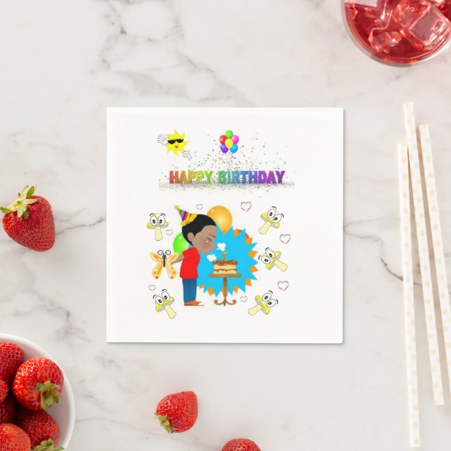 Paper Napkins, Happy Birthday Mushroom African Boy Napkin (Insitu)