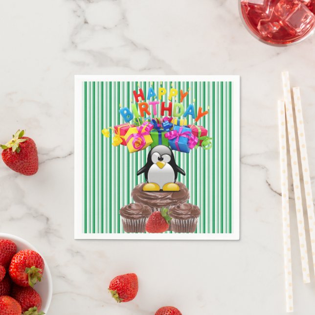 Paper Napkins, Happy Birthday Penguin Stripe Napkin (Insitu)