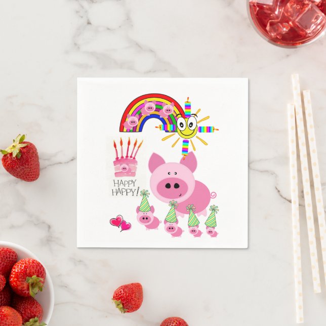 Paper Napkins, Happy Birthday Pink Pigs Rainbow Napkin (Insitu)
