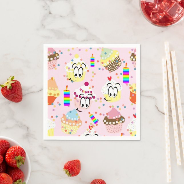 Paper Napkins, Happy Face Cupcakes Happy Birthday Napkin (Insitu)