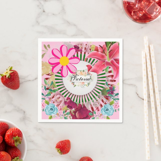 Paper Napkins, Monogram Floral Pink Napkin (Insitu)