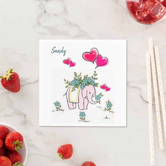 Paper Napkins, Pink Hearts Elephant Floral Napkin (Insitu)
