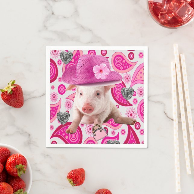 Paper Napkins, Pink Pig, Silver Hearts Napkin (Insitu)