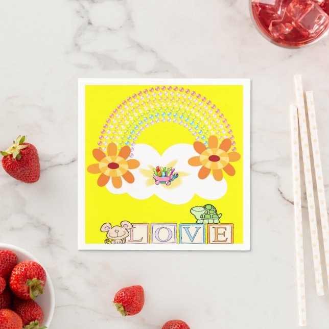 Paper Napkins, Rainbow Turtle Monkey Yellow Napkin (Insitu)