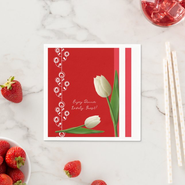 Paper Napkins, Red & White Stripe Floral Napkins (Insitu)