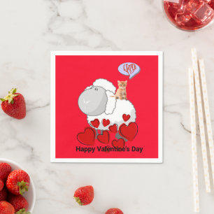 Paper Napkins, Sheep Kitten Red Hearts Napkin