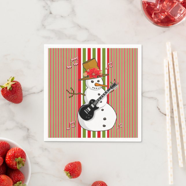 Paper Napkins, Snowman Red Green White Stripe Napkin (Insitu)