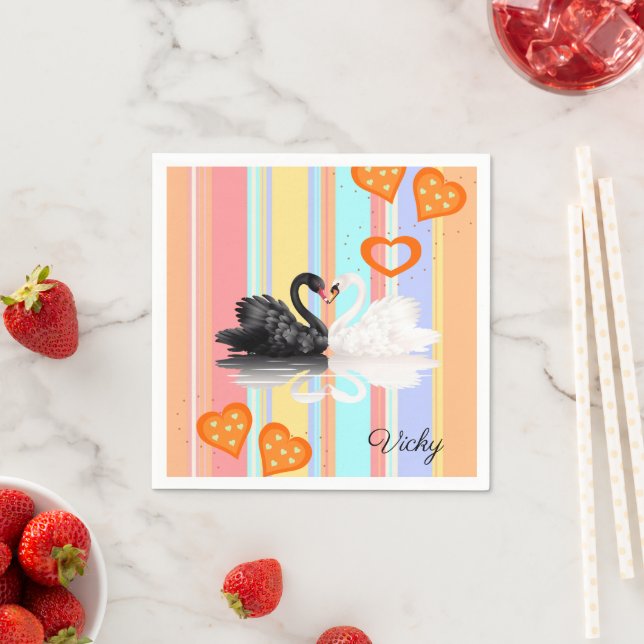 Paper Napkins, Stripe Swans Orange Hearts Napkin (Insitu)