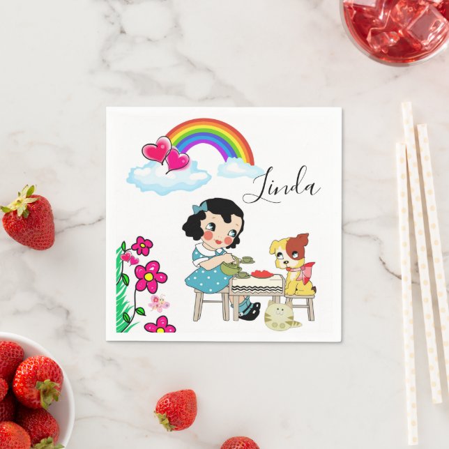 Paper Napkins, Vintage Girl Rainbow Dog  Cat Napkin (Insitu)