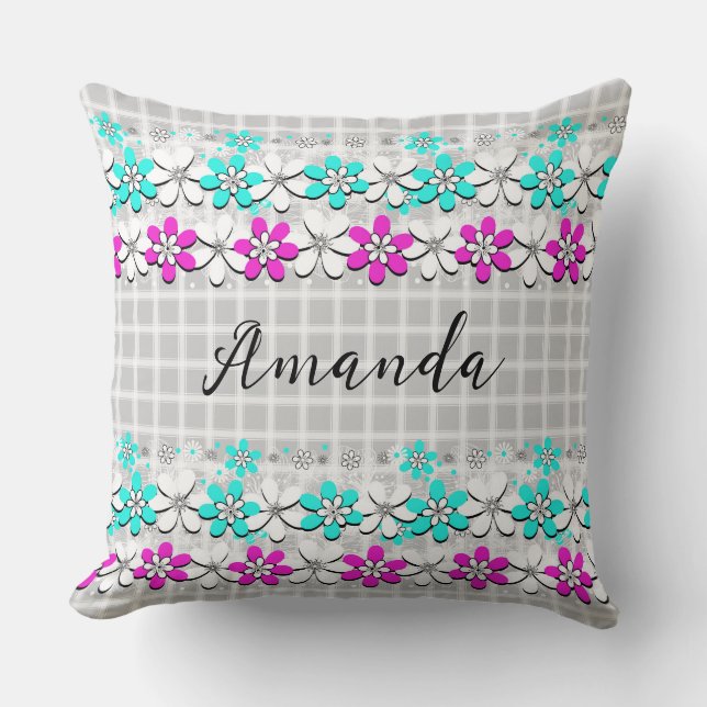 Paper neon flowers on a grey-white chequered throw pillow (Front)