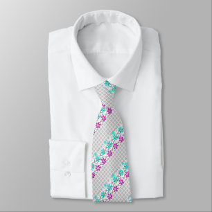 Paper neon flowers on a grey-white chequered tie