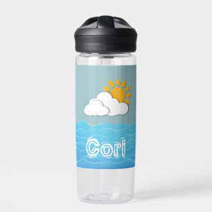 Paper Ocean with Sun and Clouds Custom Name  Water Bottle