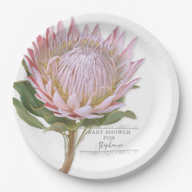 Paper Party Modern Floral Pink Protea Flower Paper Plate (Front)
