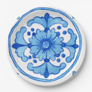 Paper party plate with ceramic tile design P1-blue