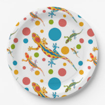 Paper party plates with colourful gecko design