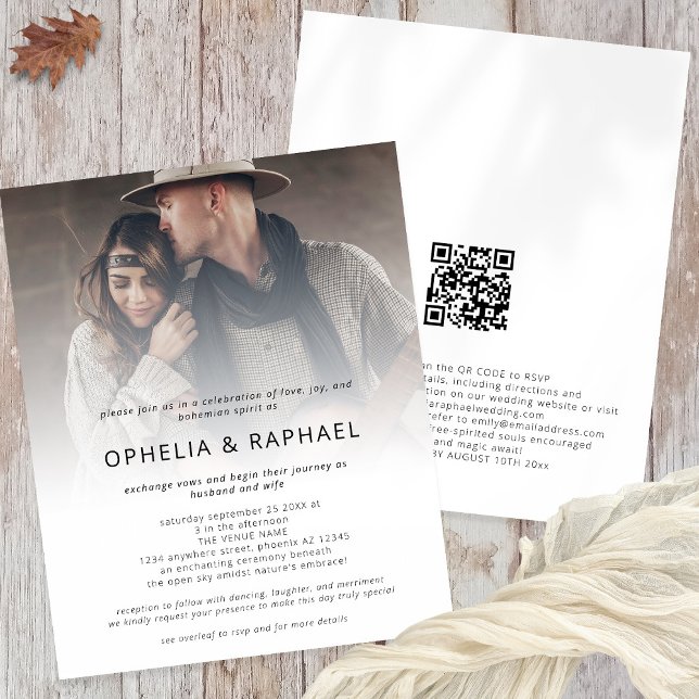 PAPER Photo Overlay QR Bohemian Wedding Invite (Front and back view)