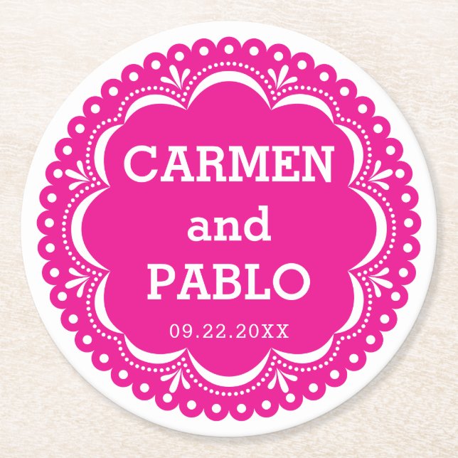 Paper Picado Colourful Mexican Wedding Round Paper Coaster (Front)