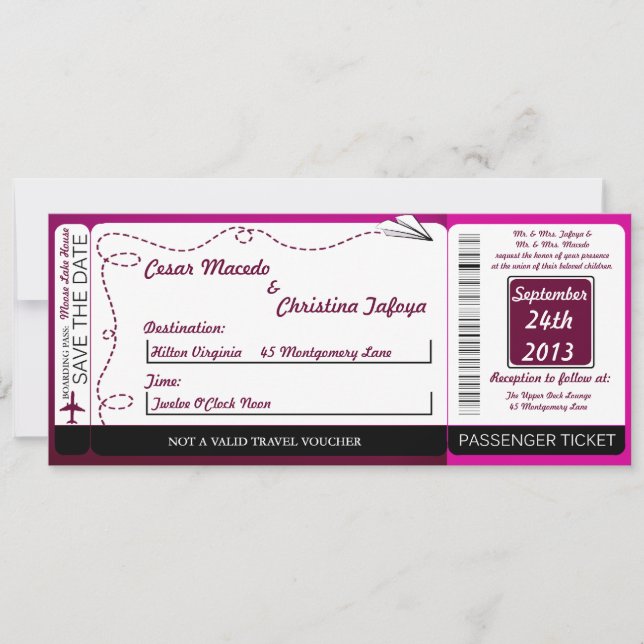 Paper Plane Flyin Boarding Pass Wedding Invitation (Front)