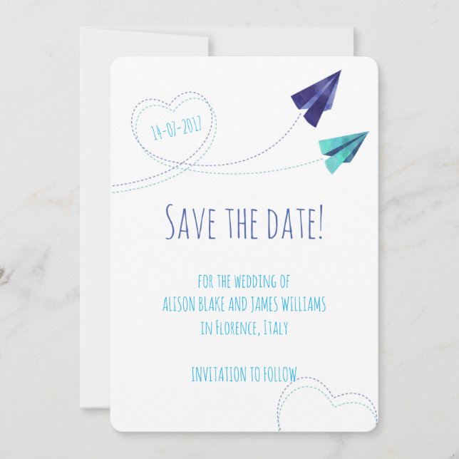 Paper plane watercolor save the date card (Front)