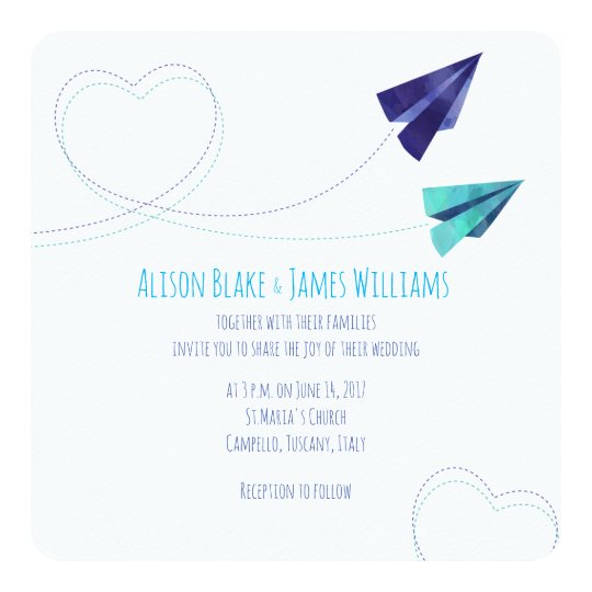 Paper plane watercolor wedding invitation