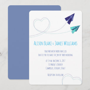 Paper plane watercolor wedding invitation
