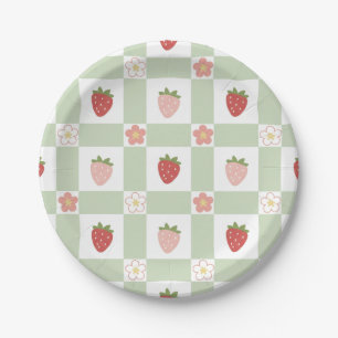 Paper Plate Cute Strawberry Gingham Pastel Green