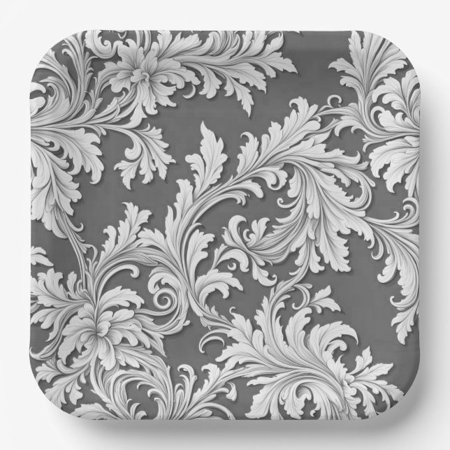 Paper Plate Damask Design Grey Black & White (Front)