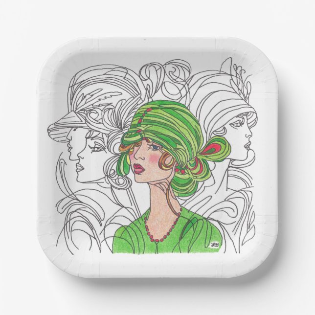 Paper Plate Green Flapper Girl (Front)