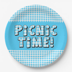 Paper Plate Picnic Time Light Blue Gingham Pattern