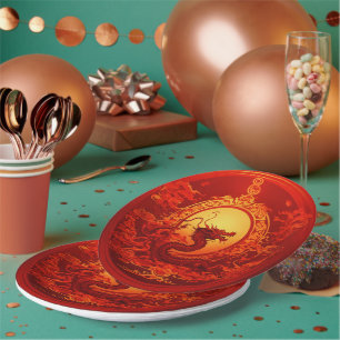 paper plate red colour with dragons design