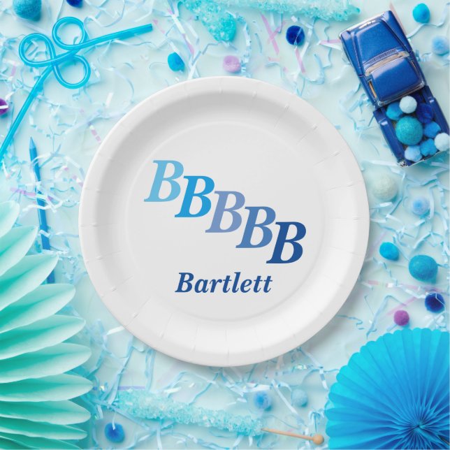 Paper Plate - Stepped Initials, Name in Blues (Party)