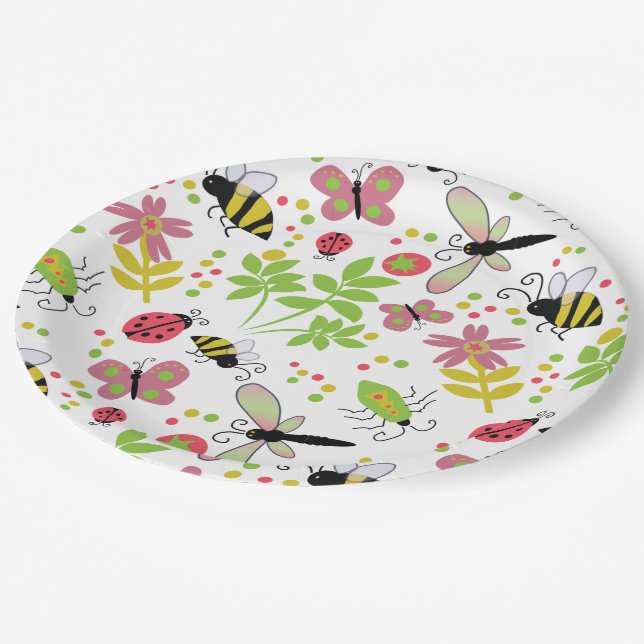 Paper Plate with Friendly Garden Bugs and Bees (Angled)