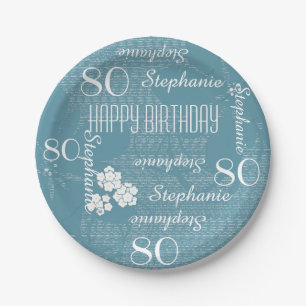 Paper Plates, 80th Birthday Party Blue Floral Paper Plate