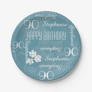 Paper Plates, 90th Birthday Party Blue Floral Plate