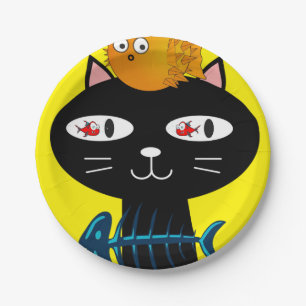Paper Plates, Black Cat Kitten Fish Bones Yellow Paper Plate
