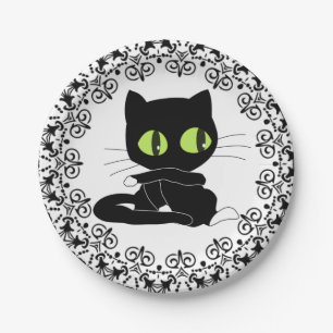 Paper Plates, Black Floral Black Cat Plate