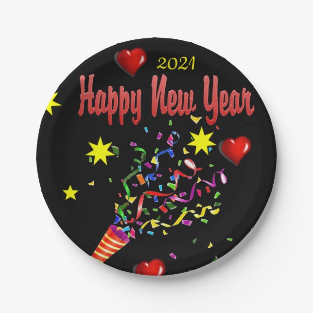 Paper Plates, Black Happy New Year 2021 Paper Plate (Front)