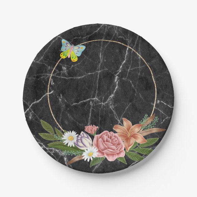 Paper Plates, Black Marble ButterflyFloral Flowers Plate (Front)