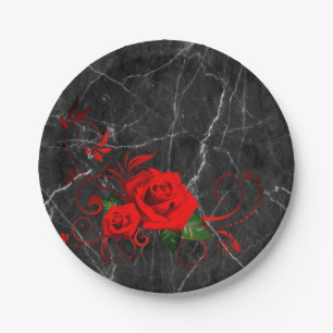 Paper Plates, Black Marble Red Rose Floral Paper Plate