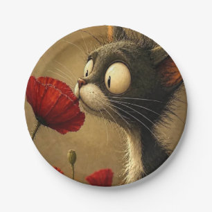 Paper Plates, Black & White Cat Red Flower Floral Plate