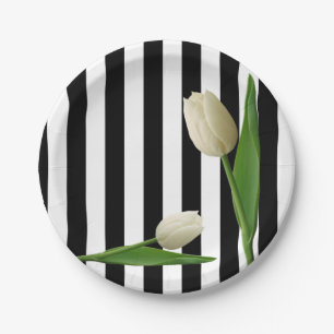 Paper Plates, Black & White Stripe Tulip  Floral Plate