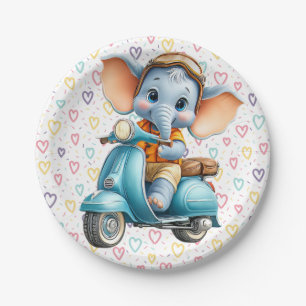 Paper Plates, Blue Elephant Scooter Colorful Heart Paper Plate