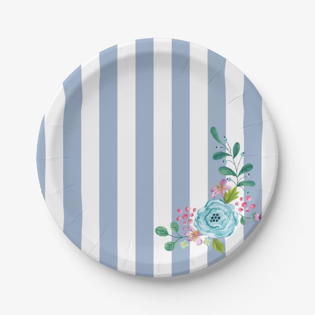 Paper Plates, Blue Stripe Blue Floral Flowers Paper Plate (Front)