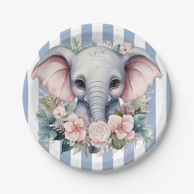 Paper Plates, Blue & White Stripe Elephant Plate (Front)